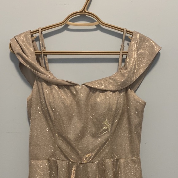 Champagne Off-shoulder Glitter Dress. - Picture 3 of 4